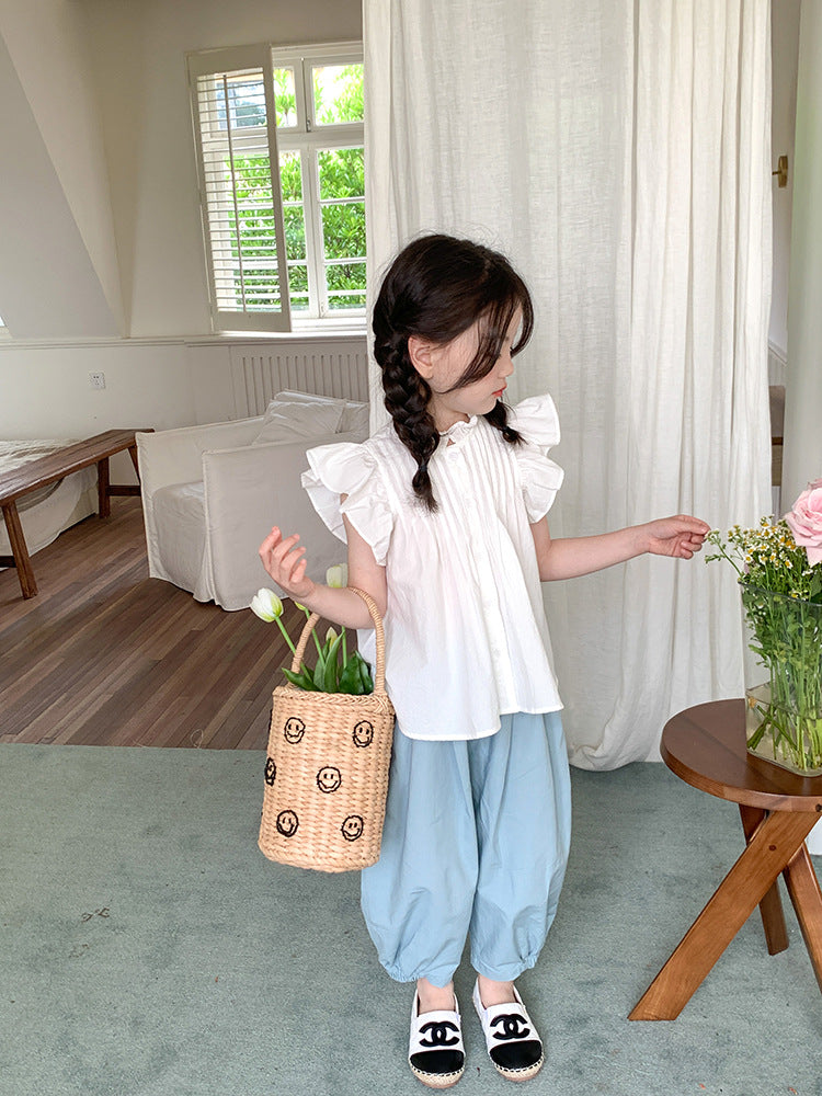 Girl's Korean-Style Cotton Checkered Blouse with Flutter Sleeves