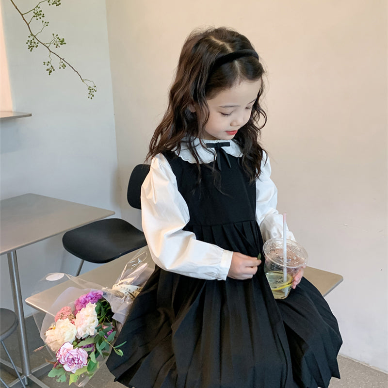 Girl's Lace Collar Shirt with Small Bow & Black Vest Skirt Set
