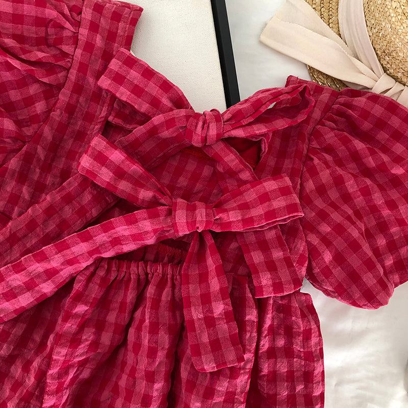 Girls Red Checkered Short-Sleeve Dress