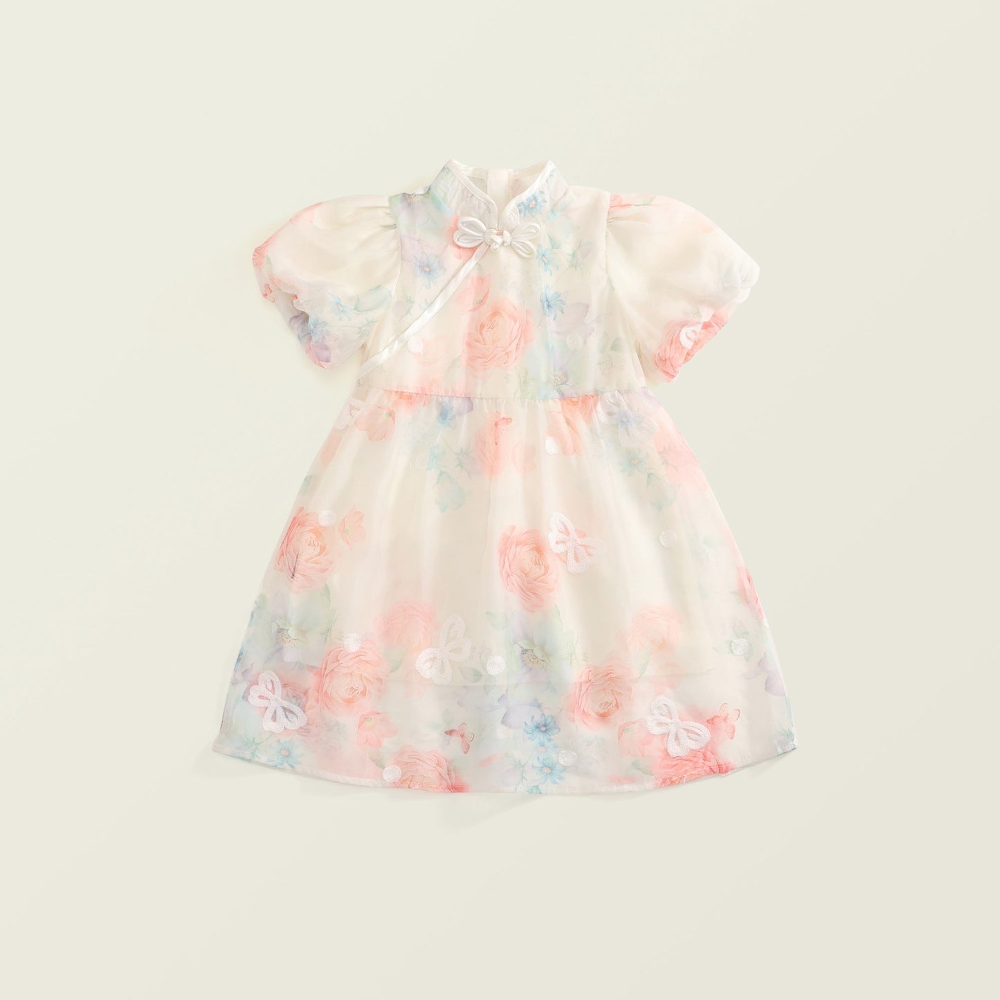 Girl's New Chinese-Style Bubble Sleeve Cheongsam Dress