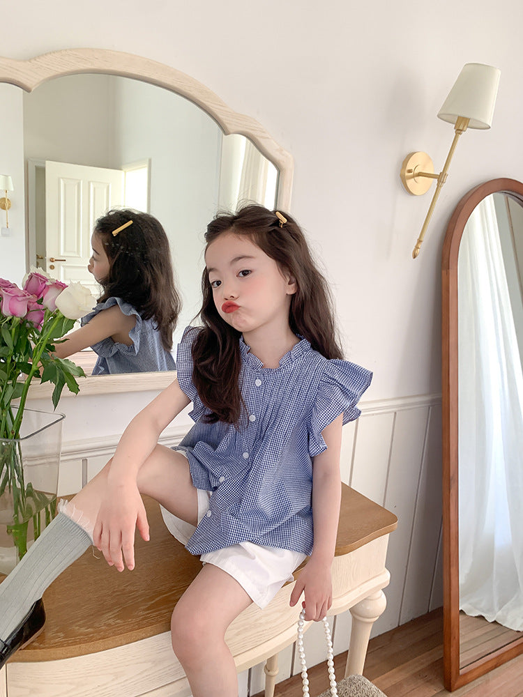 Girl's Korean-Style Cotton Checkered Blouse with Flutter Sleeves