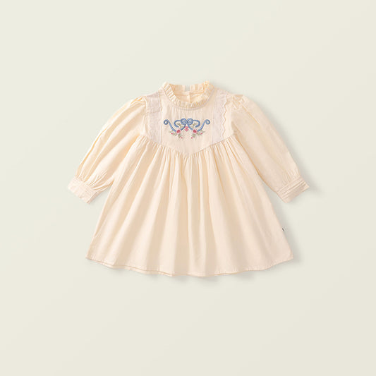 Girl's French Lace-Trimmed Long-Sleeve Dress