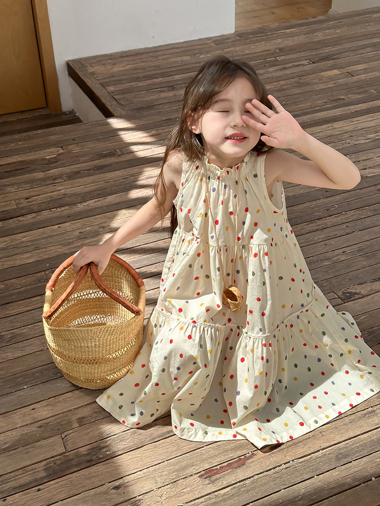 Girl's Colorful Polka Dot Sleeveless Vest Dress