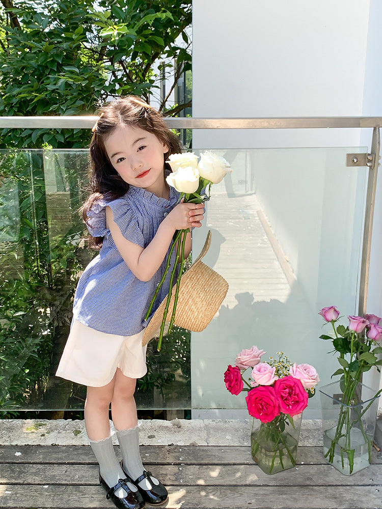 Girl's Korean-Style Cotton Checkered Blouse with Flutter Sleeves