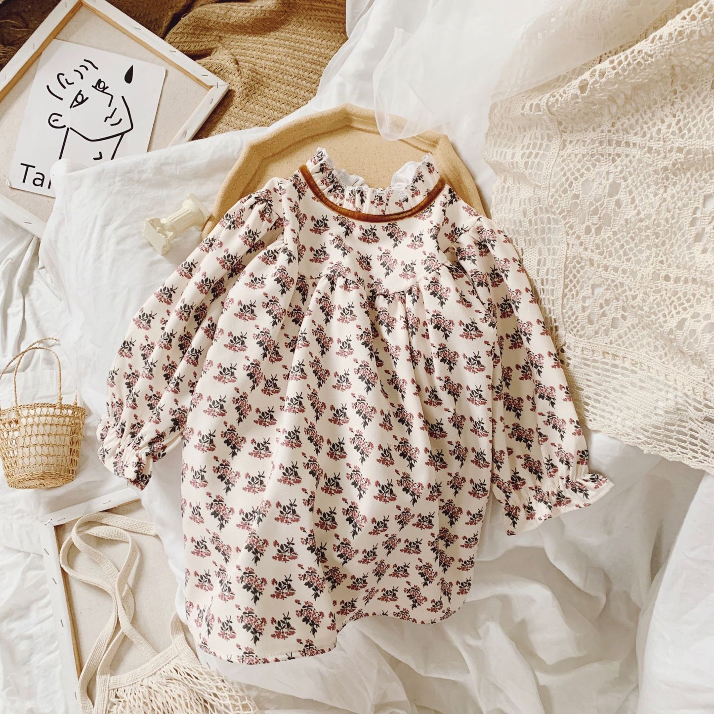 Girl's Floral Long-Sleeve Dress with Ruffle Trim