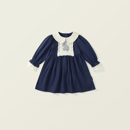 Girls French Baby Doll Collar Embroidered Rabbit Dress