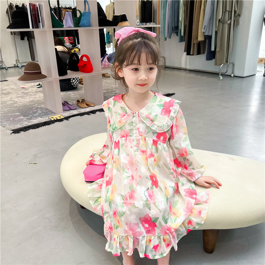Girls Princess-Style Floral Chiffon Dress