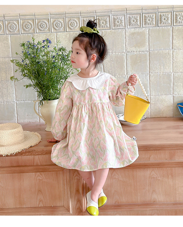 Girls Cotton Floral Princess Dress with Bubble Sleeves