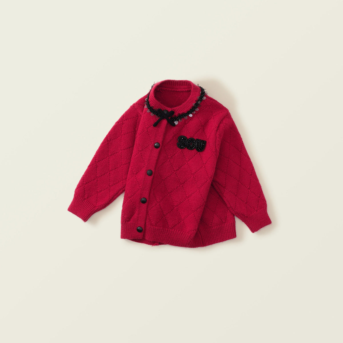 Girl's Red Winter Knitted Cardigan - Warm Long-Sleeve Coat
