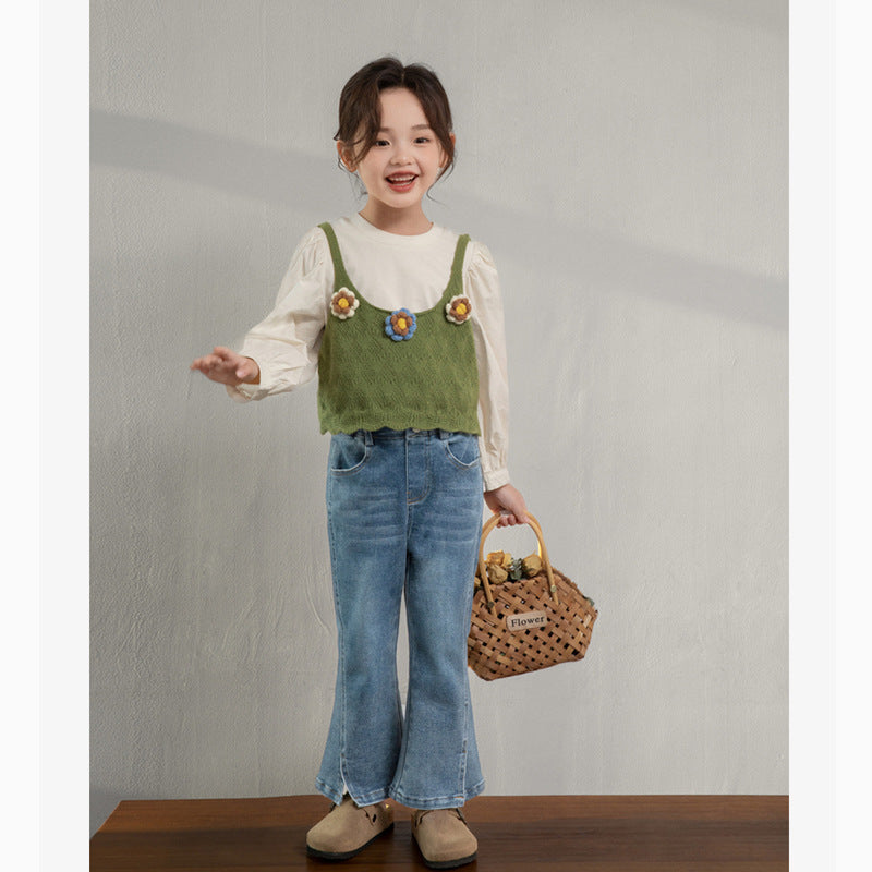 Girls Fit Flare Pants - Korean Style Elastic Long Trousers