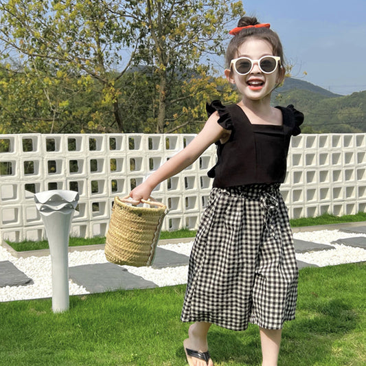 Girl's Summer Lotus Sleeve Black Top & Checkered Pants Set