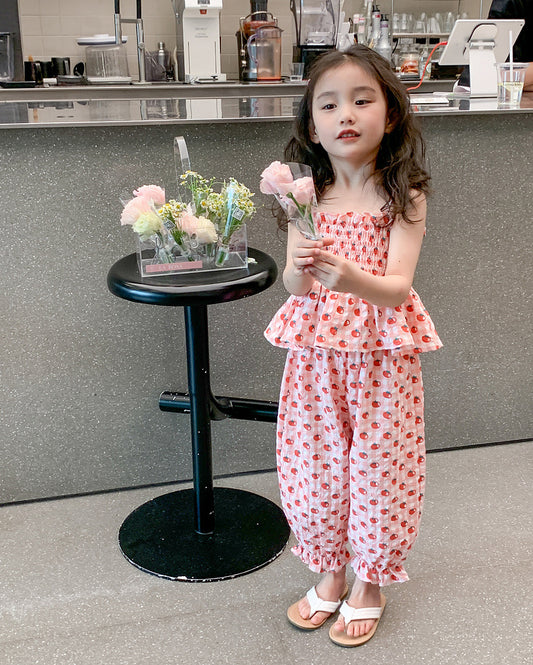 Girl's Sweet Spring/Summer Flower Print Two-Piece Set
