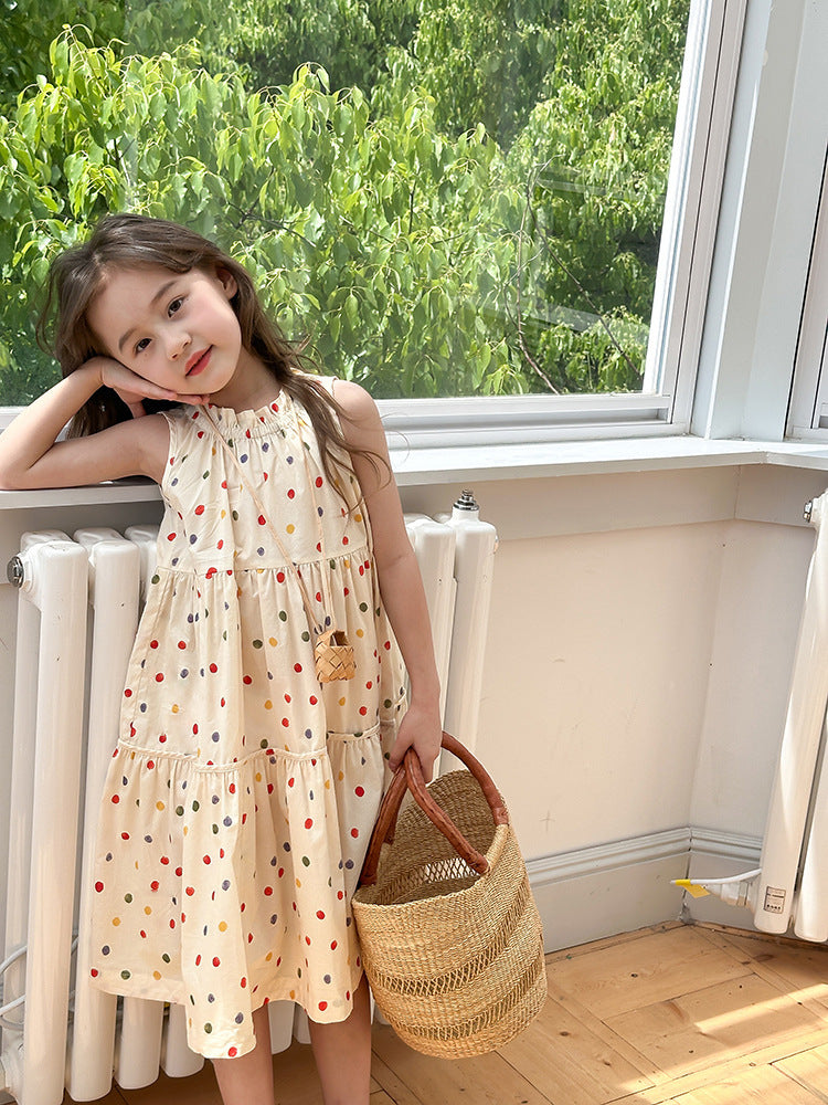 Girl's Colorful Polka Dot Sleeveless Vest Dress
