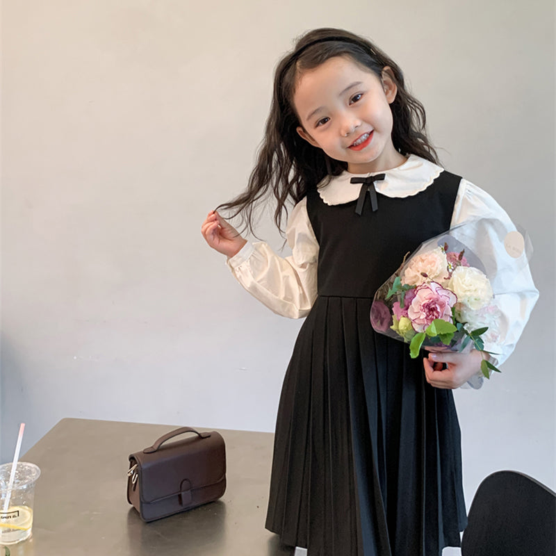 Girl's Lace Collar Shirt with Small Bow & Black Vest Skirt Set