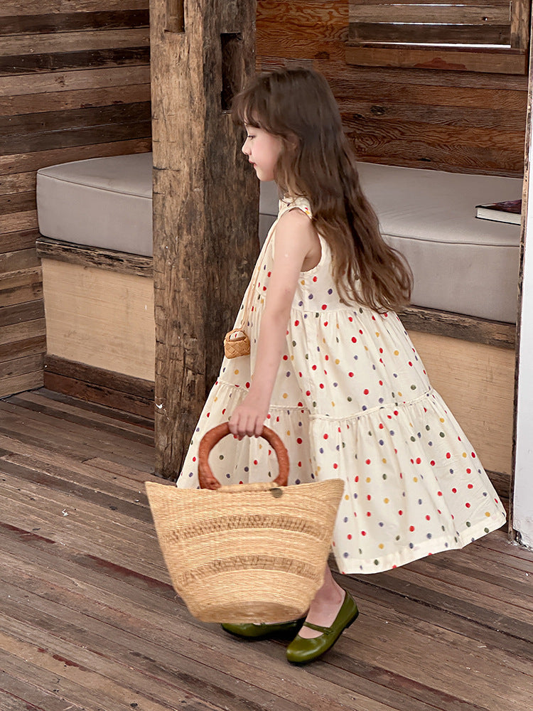 Girl's Colorful Polka Dot Sleeveless Vest Dress