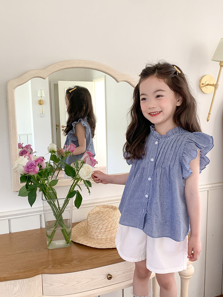 Girl's Korean-Style Cotton Checkered Blouse with Flutter Sleeves