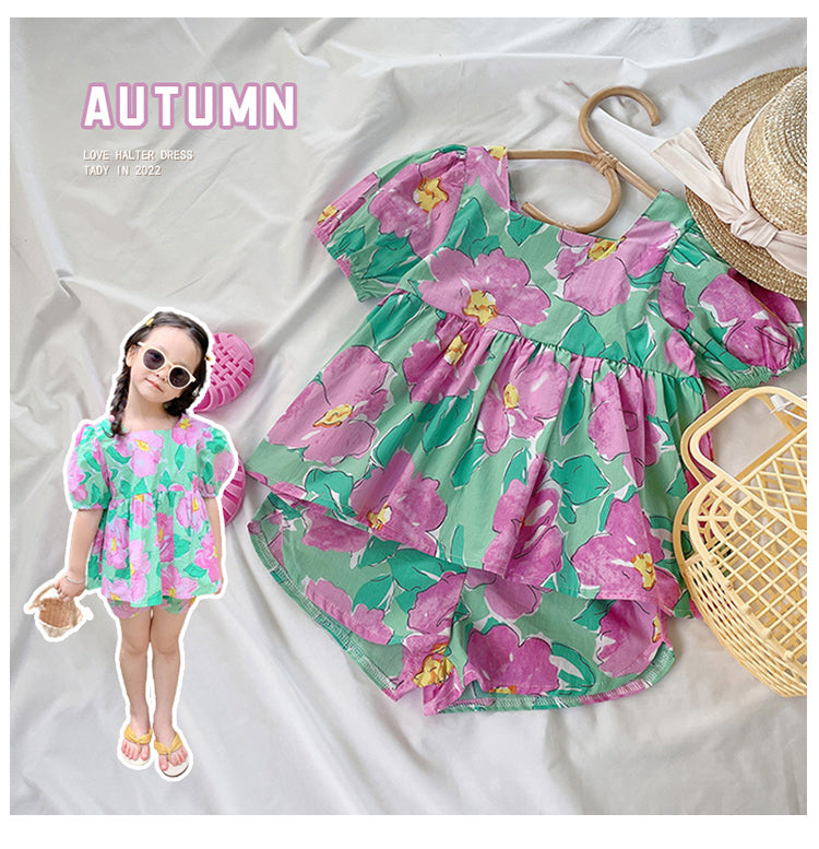 Girl's New Summer Floral Short-Sleeve & Shorts Set