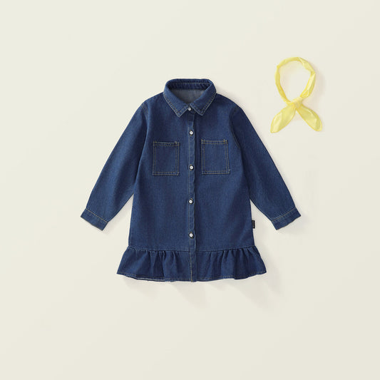 Girl's Spring Denim Dress with Bow Accent