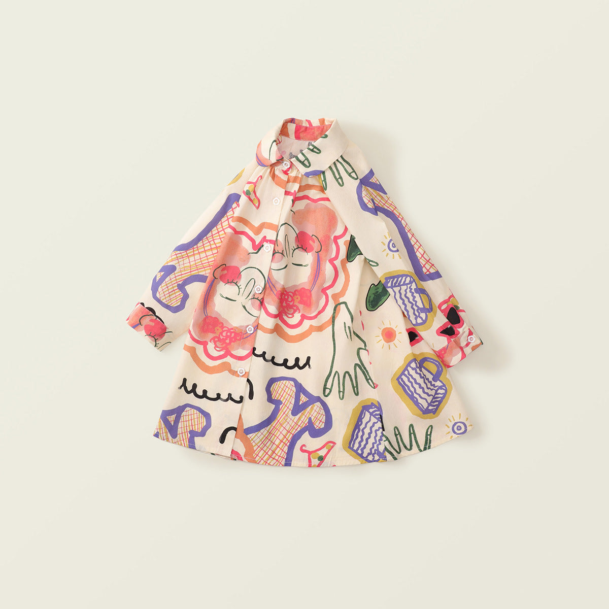 Girl's Cotton Graffiti-Style Dress - Korean Cartoon Print for Toddlers