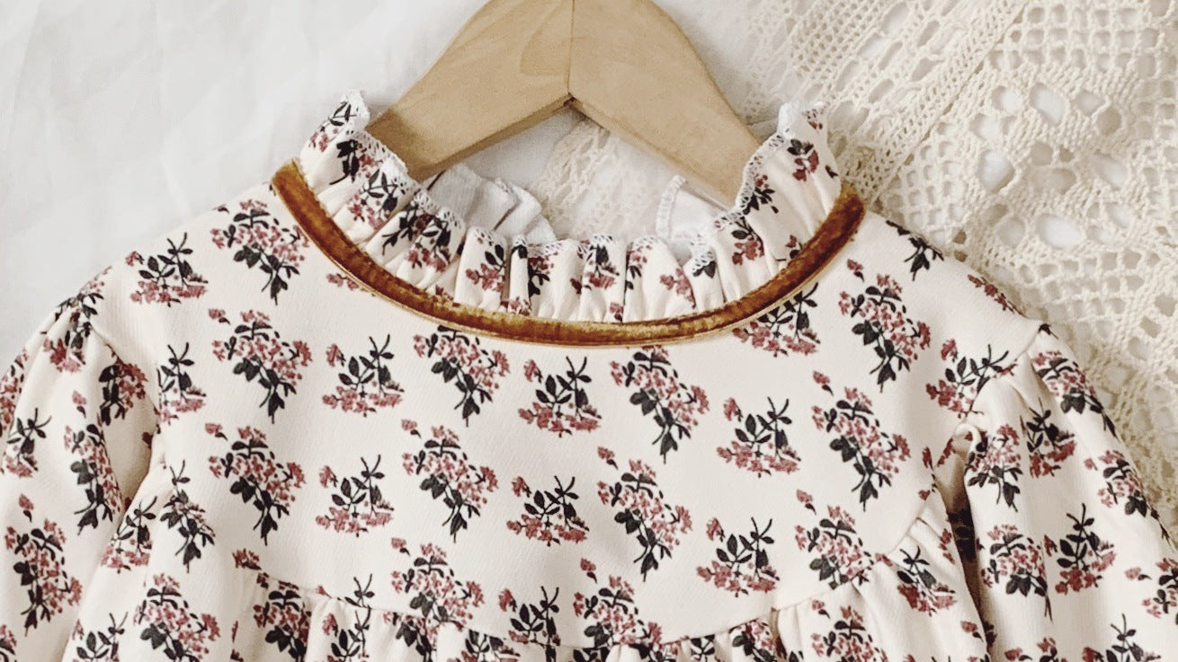 Girl's Floral Long-Sleeve Dress with Ruffle Trim