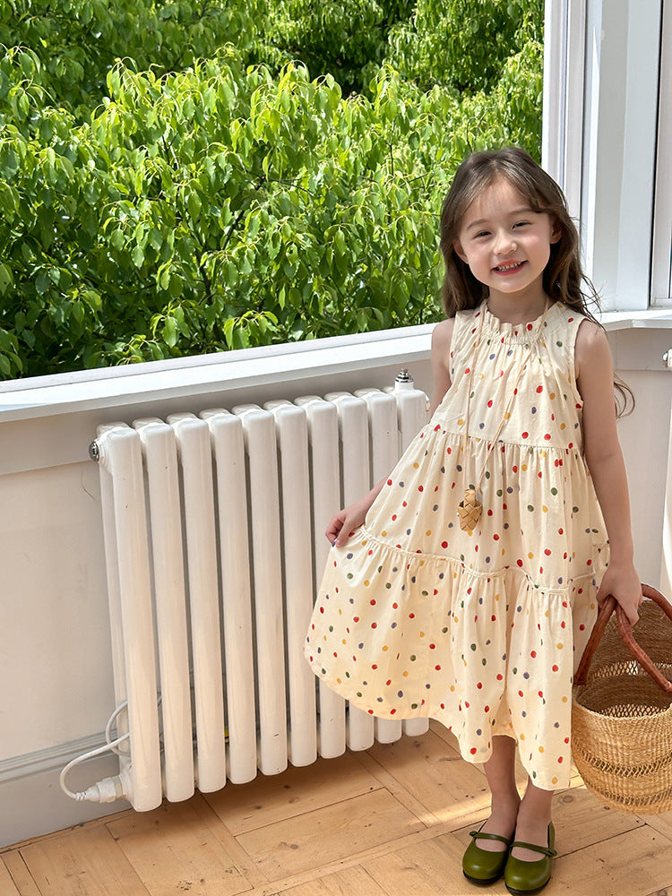 Girl's Colorful Polka Dot Sleeveless Vest Dress
