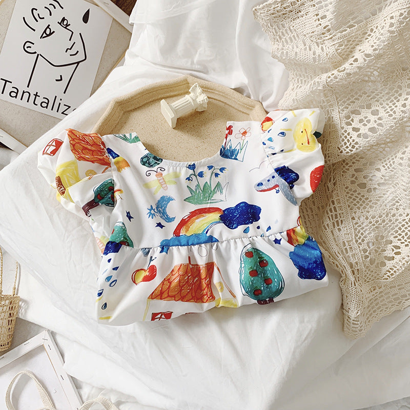 Girls' Summer Sweet Chiffon Dress with Bubble Sleeves