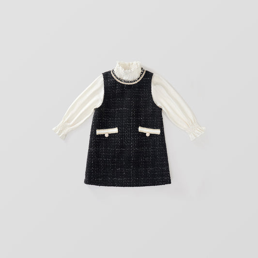 Girl's Chanel-Inspired Two-Piece Set - Sleeveless Vest Dress & Long-Sleeve Top