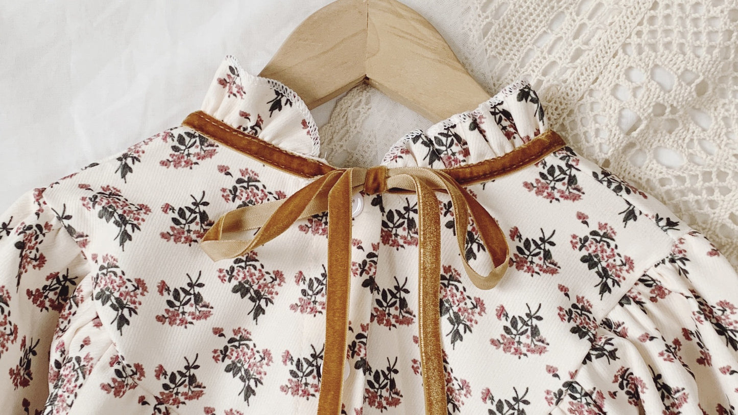 Girl's Floral Long-Sleeve Dress with Ruffle Trim