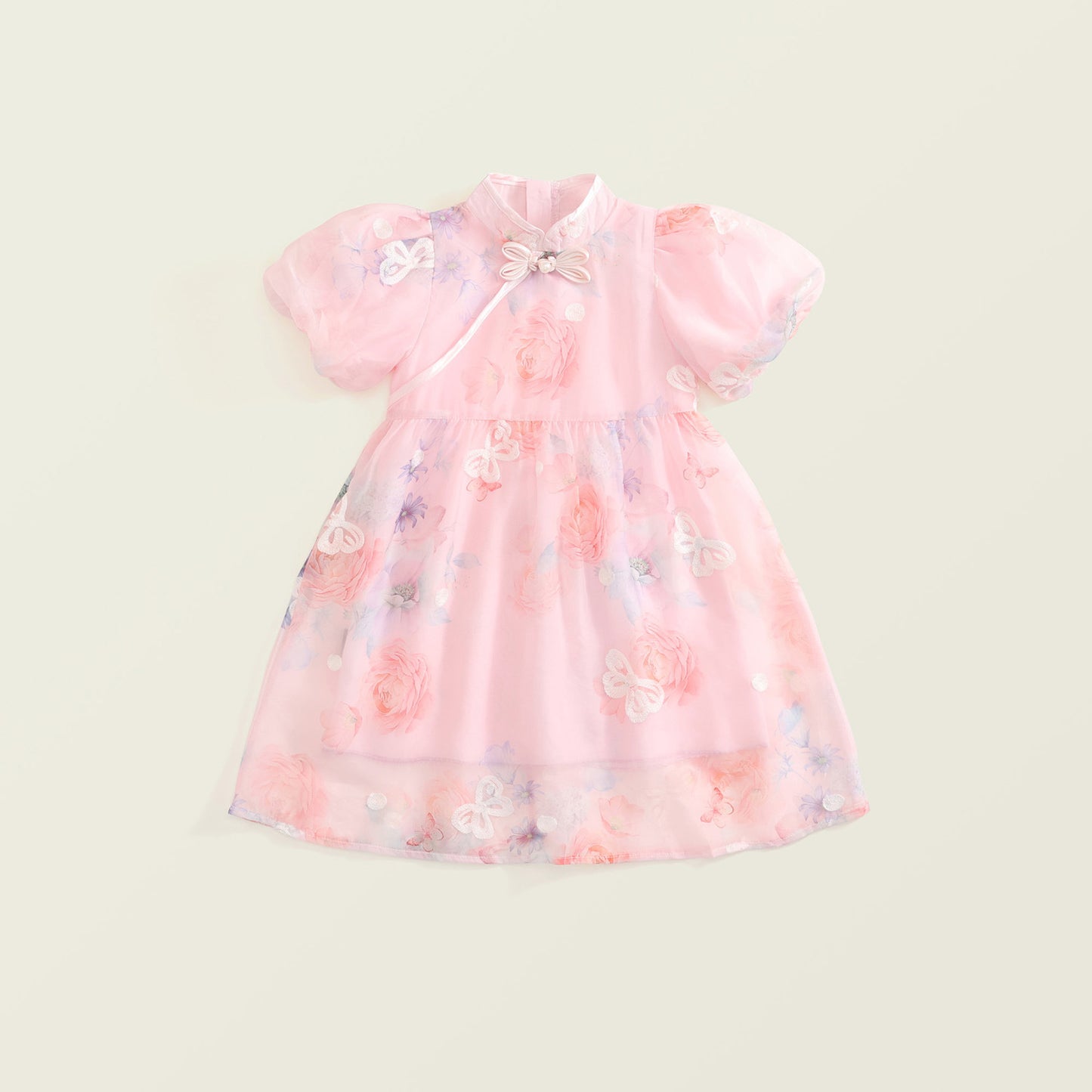 Girl's New Chinese-Style Bubble Sleeve Cheongsam Dress