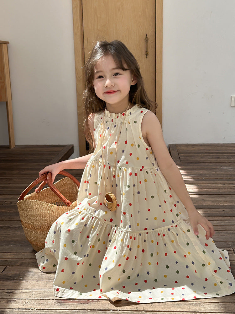 Girl's Colorful Polka Dot Sleeveless Vest Dress