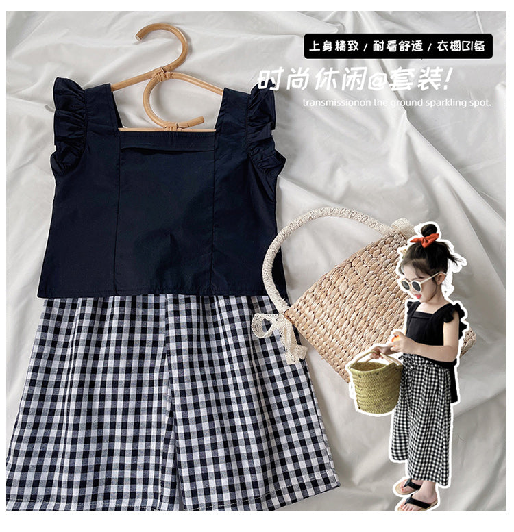 Girl's Summer Lotus Sleeve Black Top & Checkered Pants Set