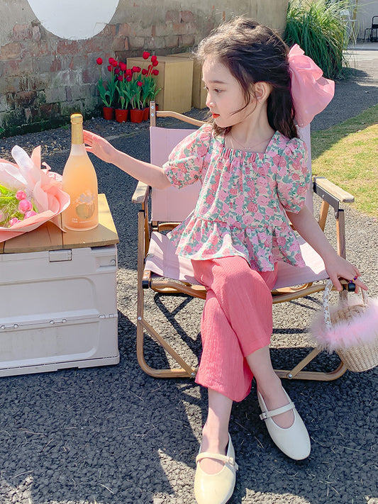 Girl's Pink Floral Summer Two-Piece Set