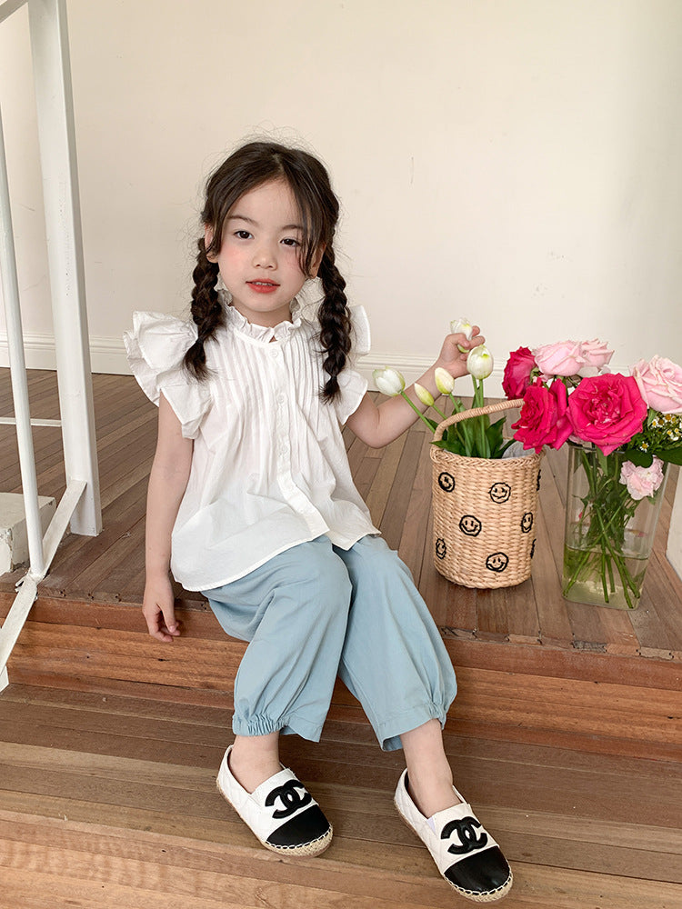 Girl's Korean-Style Cotton Checkered Blouse with Flutter Sleeves