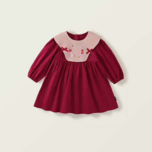 Girl's French Vintage Embroidered Red Long-Sleeve Cotton Princess Dress