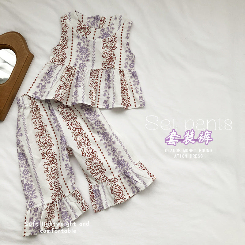Girls Ethnic-Style Sleeveless Top & Lace Pants Set