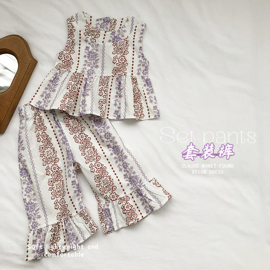 Girls Ethnic-Style Sleeveless Top & Lace Pants Set