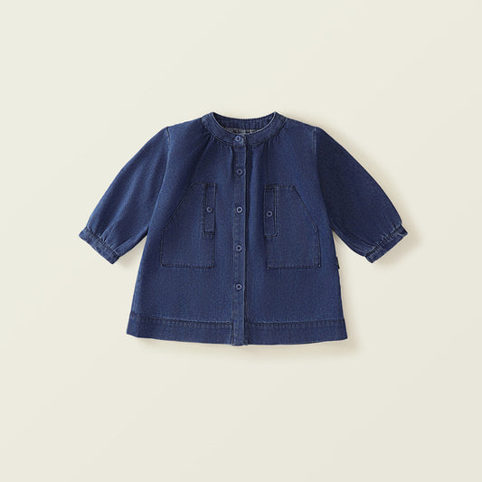 Girl's Korean-Style Long-Sleeve Denim Dress with Stand Collar