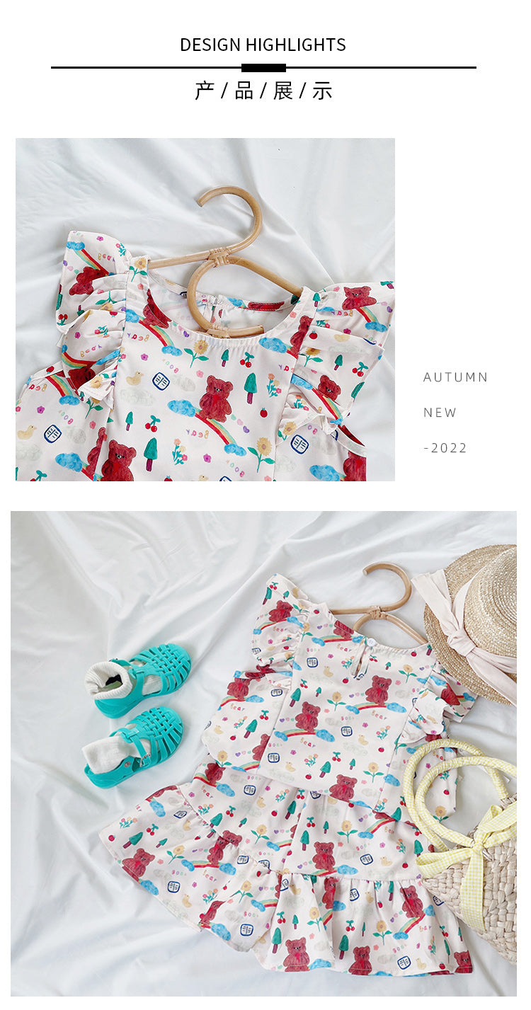 Girl's Summer Ruffle Short Sleeve & Bear Rainbow Print Shorts Set