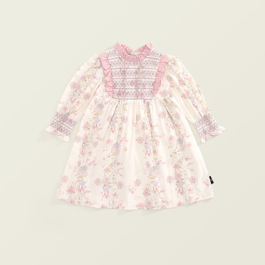 Girls Floral Pleated Long-Sleeve Dress