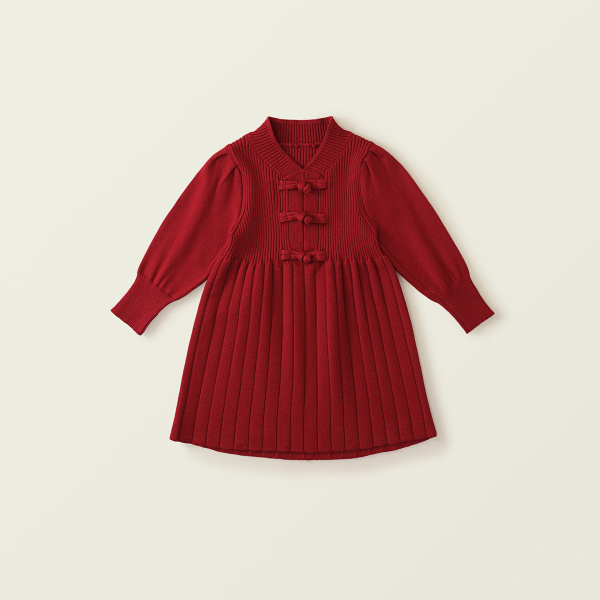 Girl's Red Knitted Long-Sleeve Dress - Festive Chinese New Year Outfit