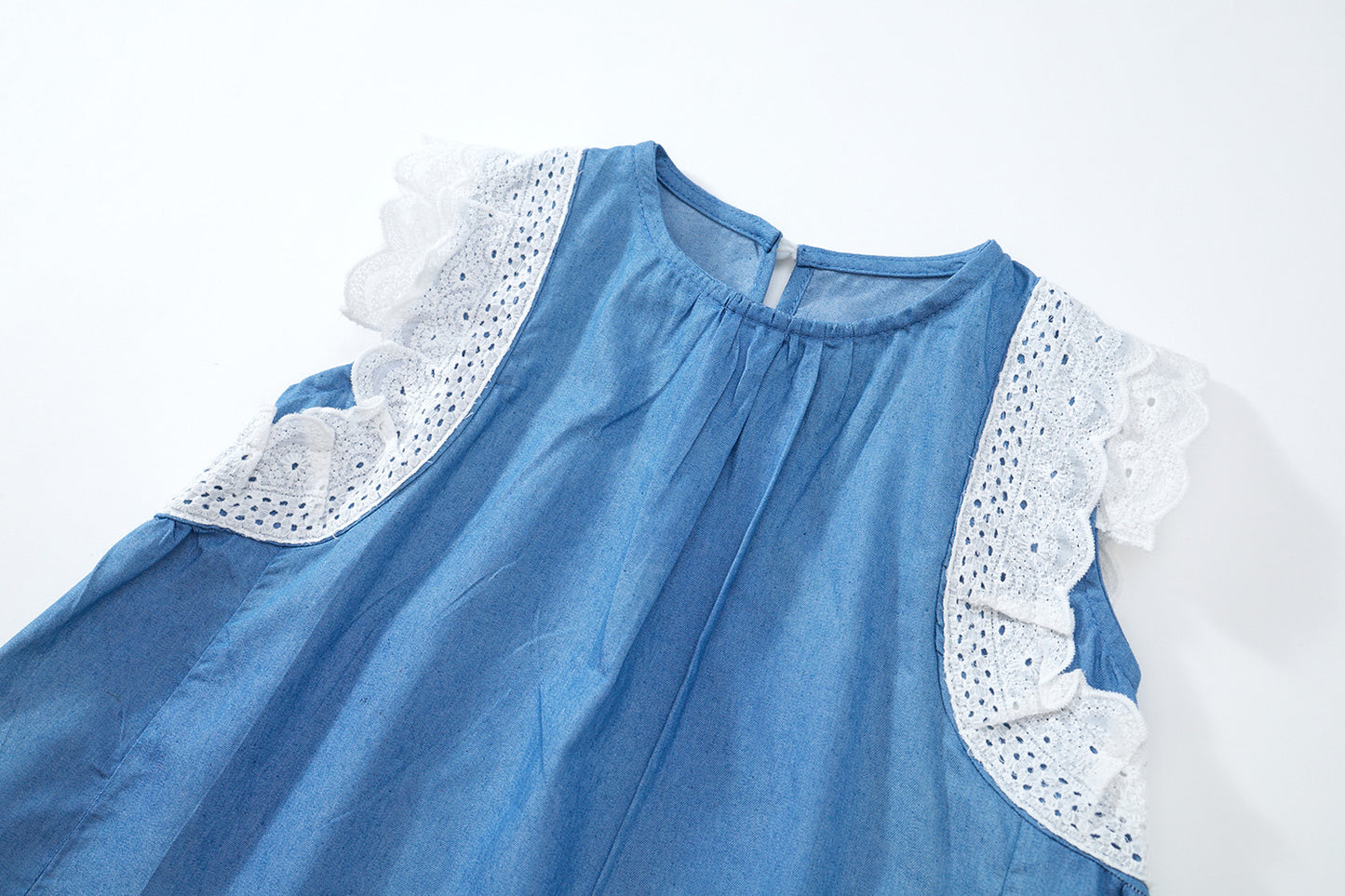 Girls' Fashion Denim Dress with Lace Trim Flutter Sleeves