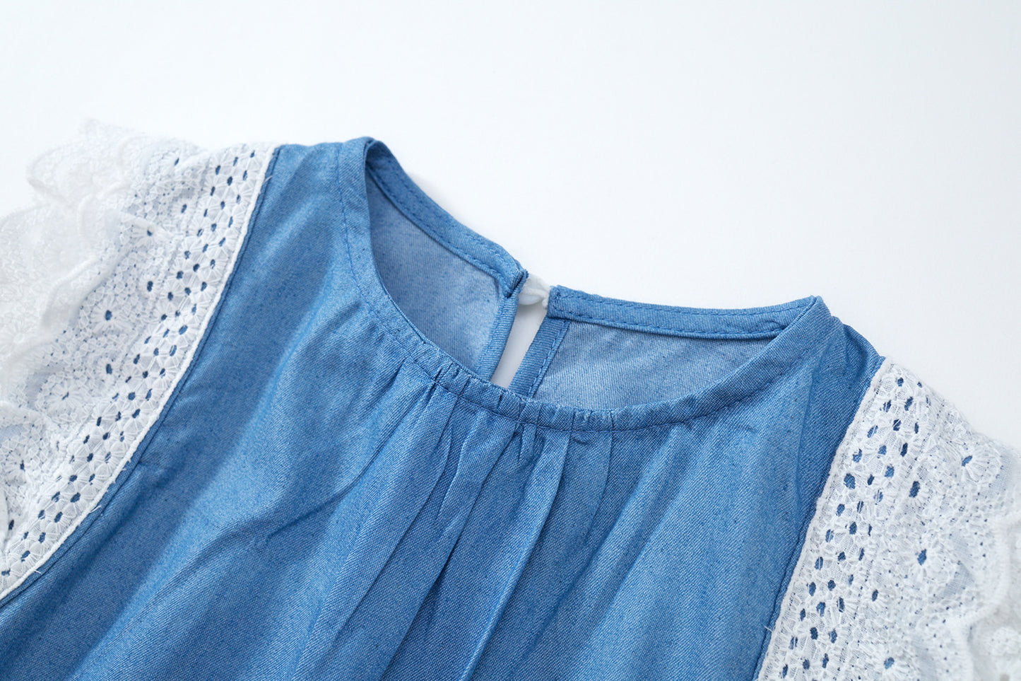 Girls' Fashion Denim Dress with Lace Trim Flutter Sleeves