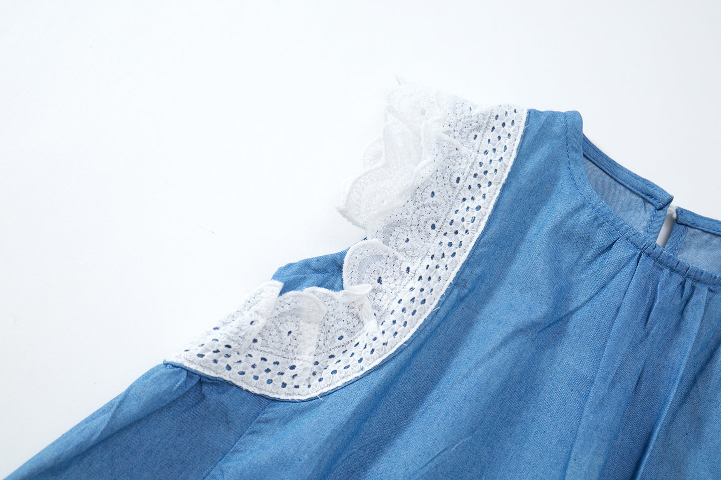 Girls' Fashion Denim Dress with Lace Trim Flutter Sleeves