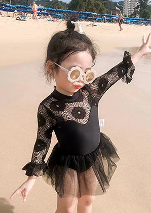 Girl's Summer New Korean-Style Black Lace Swimsuit with Cap