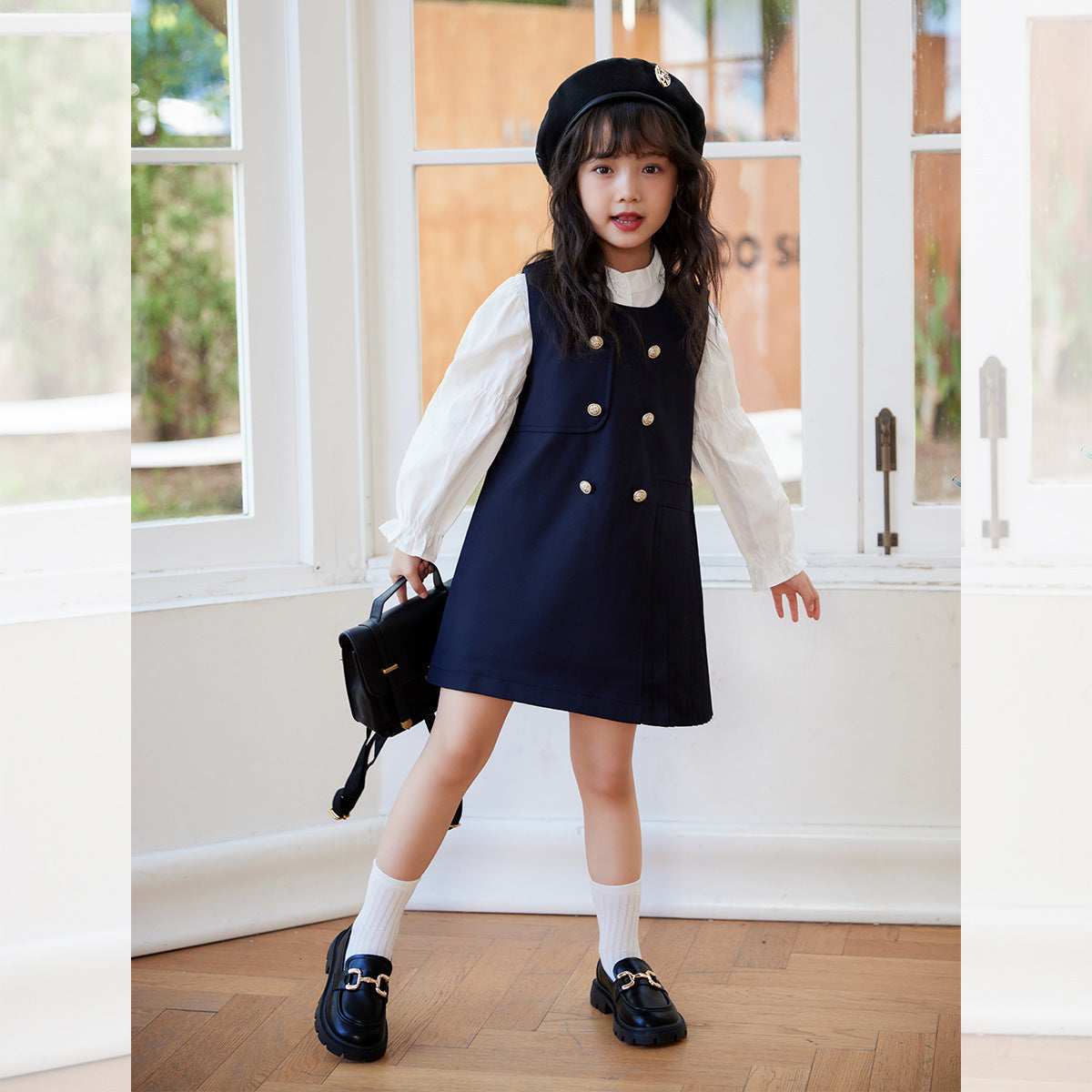 Girl's Doll Collar Shirt & JK Vest Skirt Set