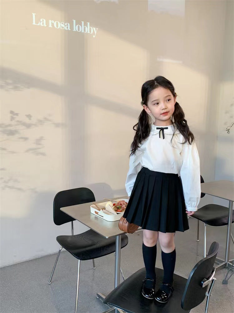 Girl's Lace Collar Shirt with Small Bow & Black Vest Skirt Set