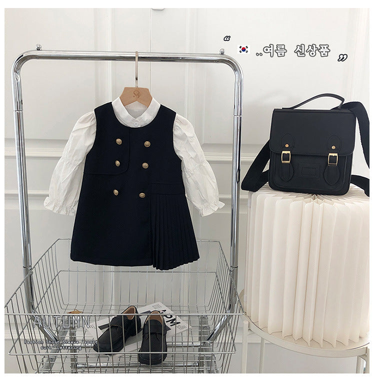 Girl's Doll Collar Shirt & JK Vest Skirt Set