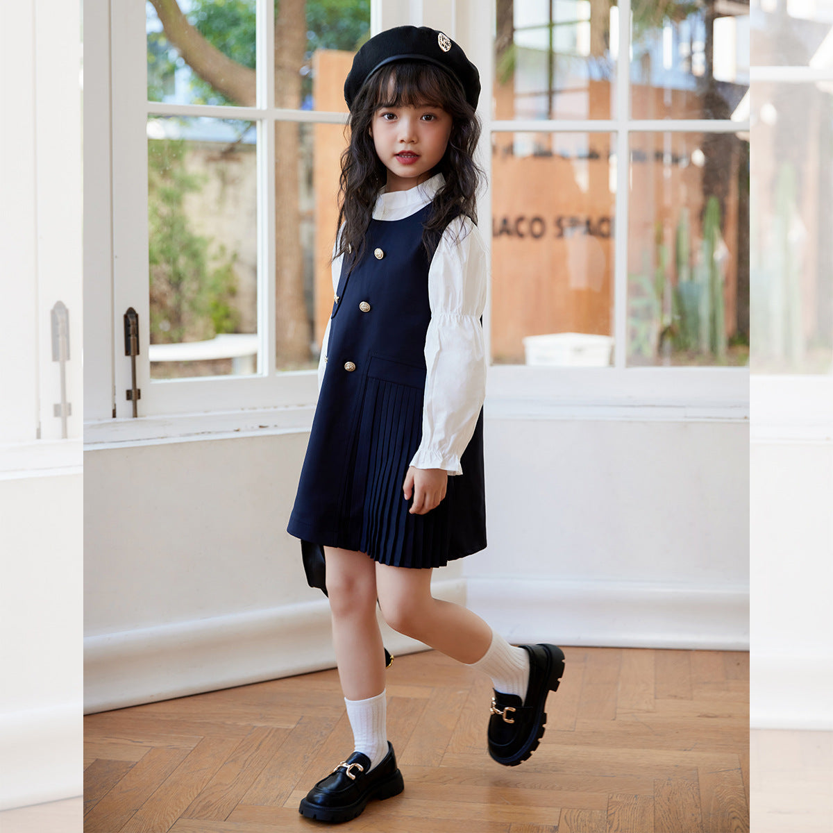 Girl's Doll Collar Shirt & JK Vest Skirt Set
