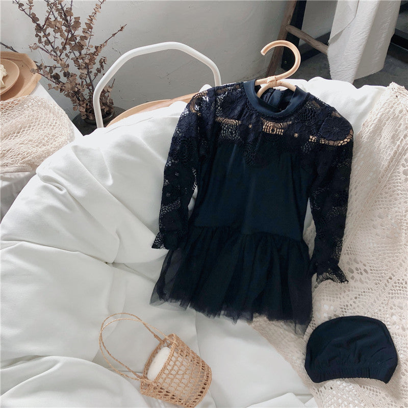 Girl's Summer New Korean-Style Black Lace Swimsuit with Cap