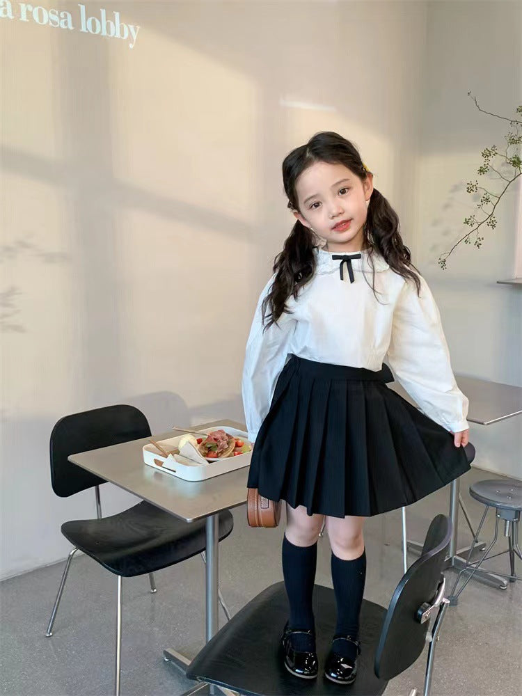 Girl's Lace Collar Shirt with Small Bow & Black Vest Skirt Set